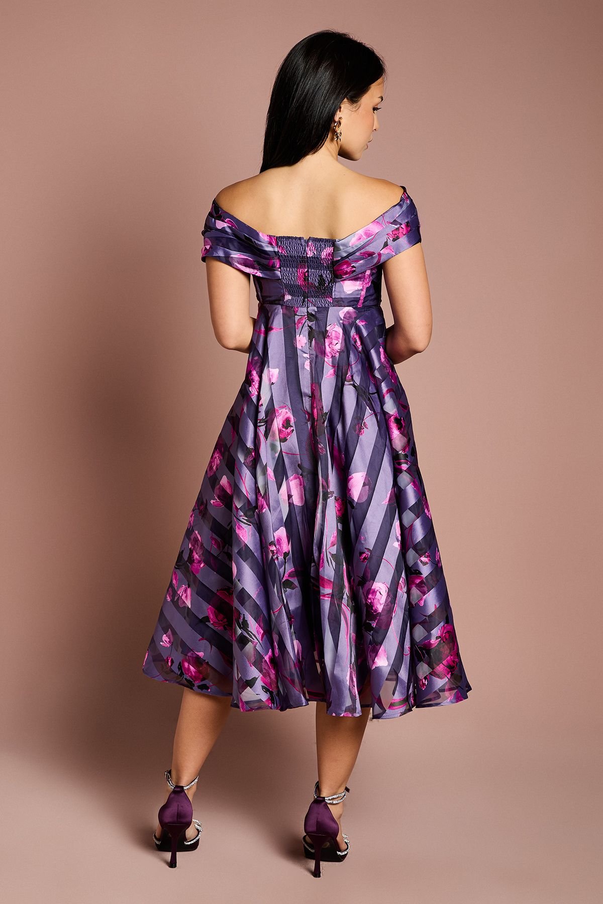 Coast Coast Women's Petite Stripe Organza Pleated Top Midi Dress in Purple - 3