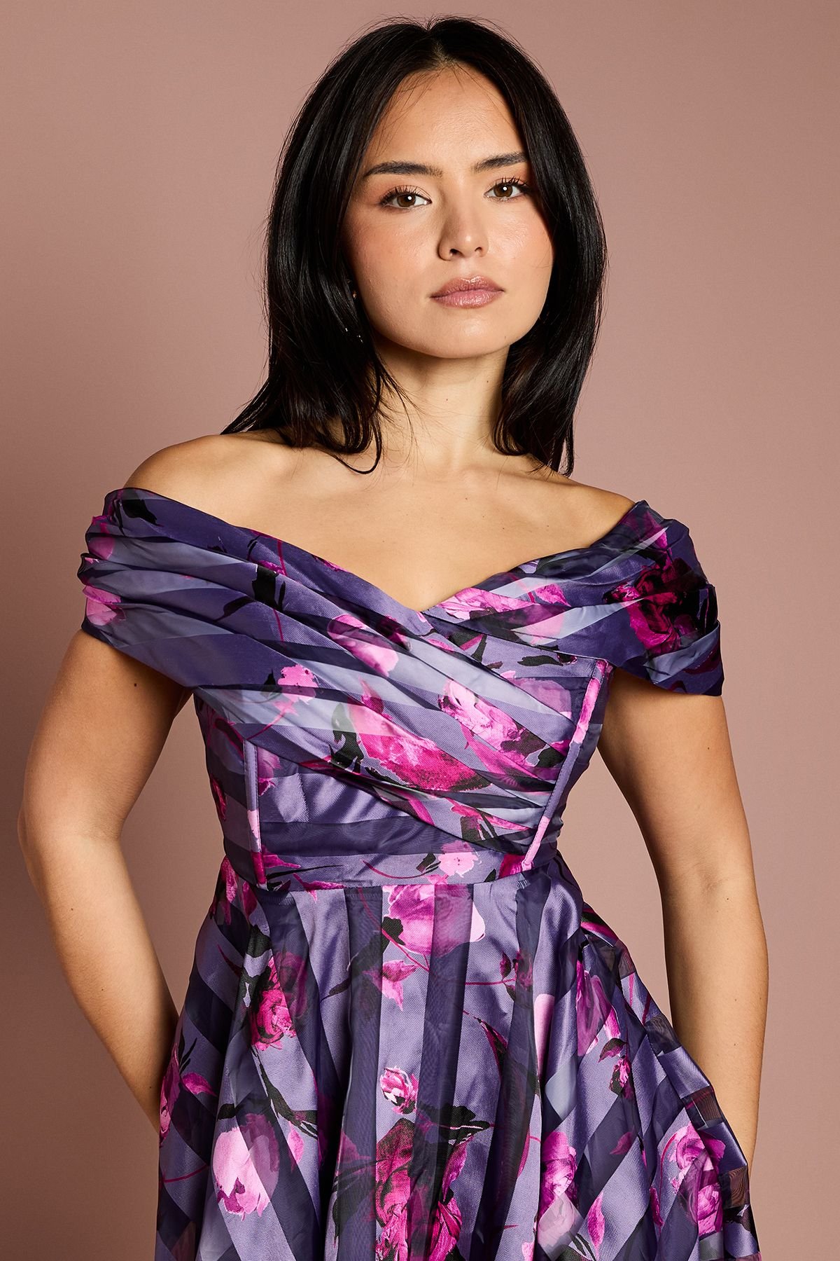 Coast Coast Women's Petite Stripe Organza Pleated Top Midi Dress in Purple - 4