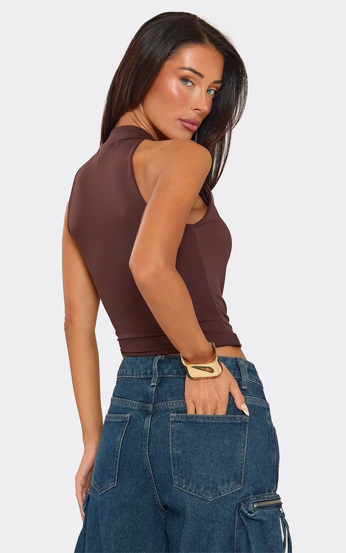 EGO High Neck Keyhole Cut Out Top In Dark Chocolate Brown, Women's Size UK 6