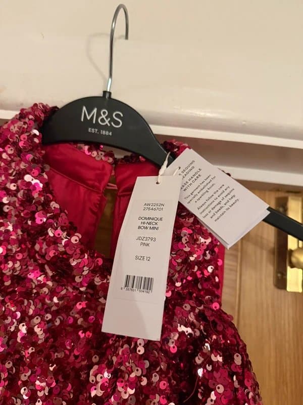 Forever New Forever New Pink & Silver Sparkly Sequin Embellished Bow High Neck Dominique Mini Dress Xmas