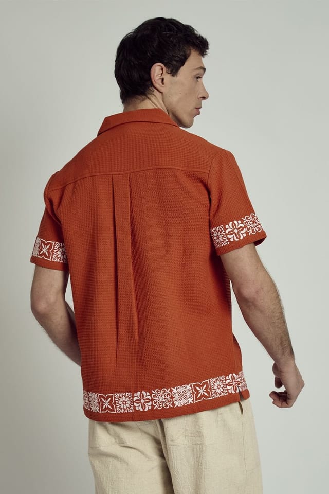 Native Youth Native Youth Men's Cotton Short Sleeve Waffle Embroidered Shirt in Burnt Orange - 2