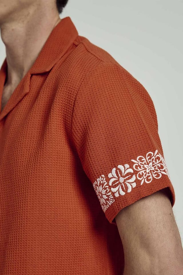 Native Youth Native Youth Men's Cotton Short Sleeve Waffle Embroidered Shirt in Burnt Orange - 3