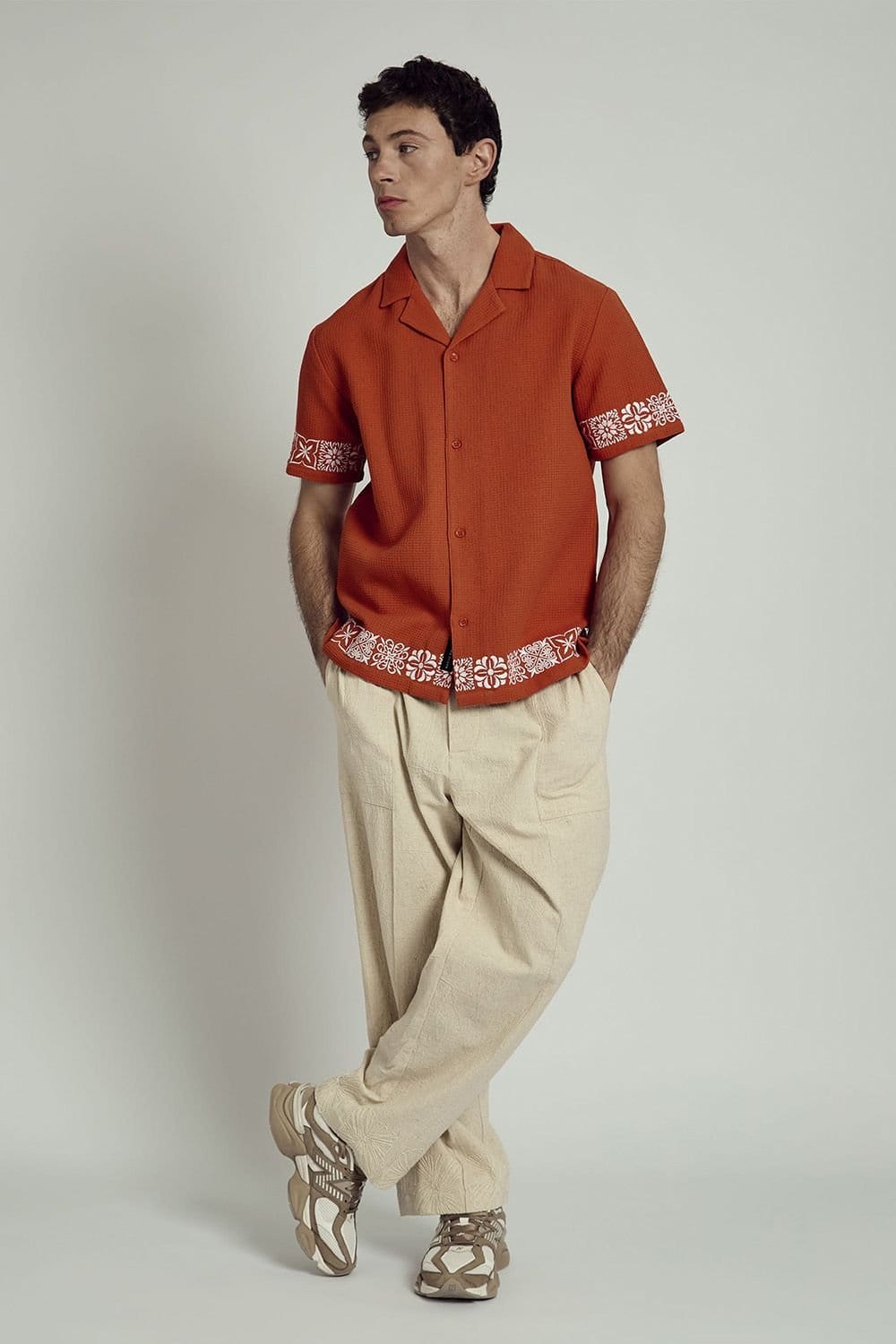 Native Youth Native Youth Men's Cotton Short Sleeve Waffle Embroidered Shirt in Burnt Orange - 4