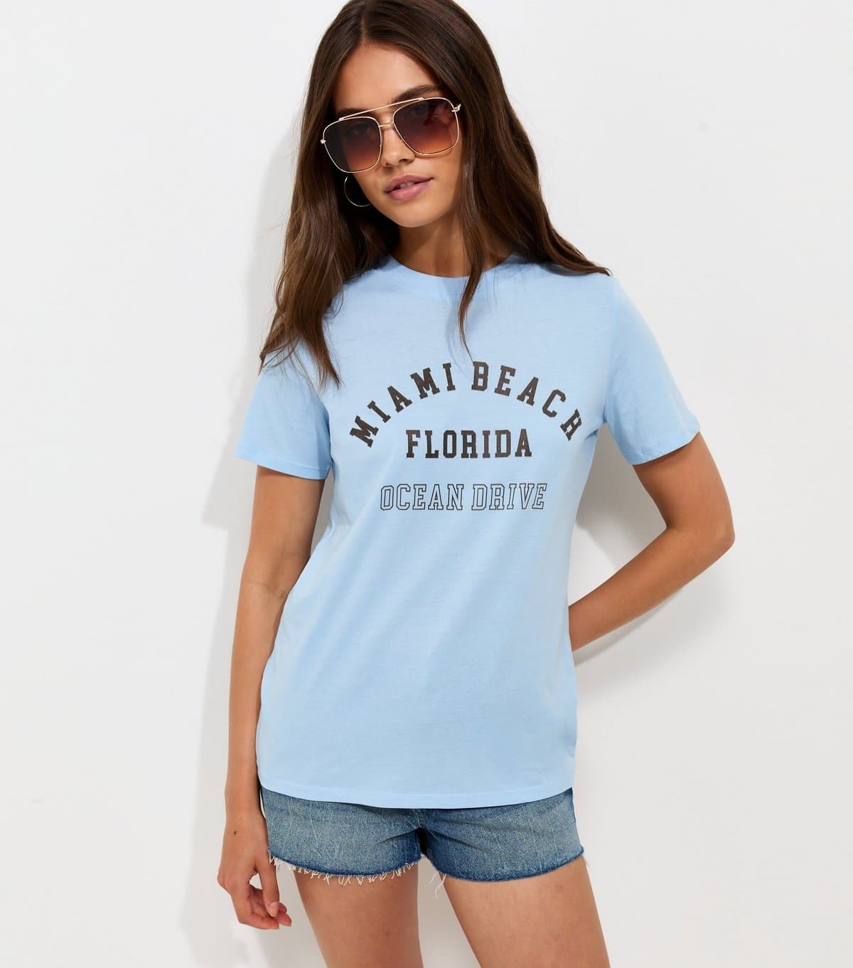 New Look Women's Light Blue Cotton Miami Beach Print Relaxed T-Shirt New Look