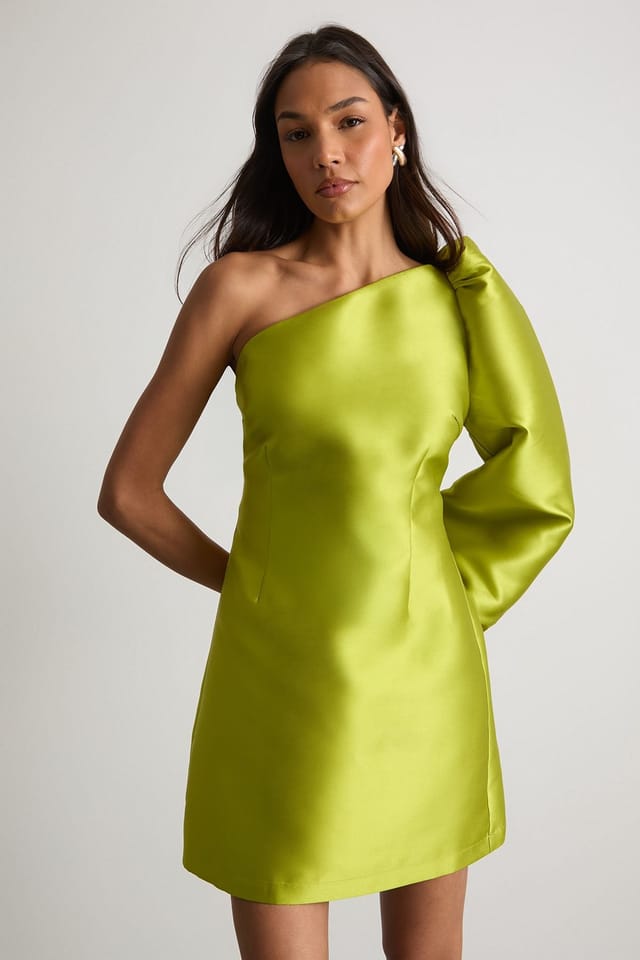 Warehouse Warehouse Women's One Shoulder Puff Sleeve Mini Dress in Chartreuse - 2