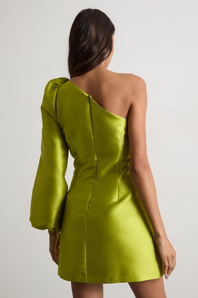 Warehouse Warehouse Women's One Shoulder Puff Sleeve Mini Dress in Chartreuse - 3
