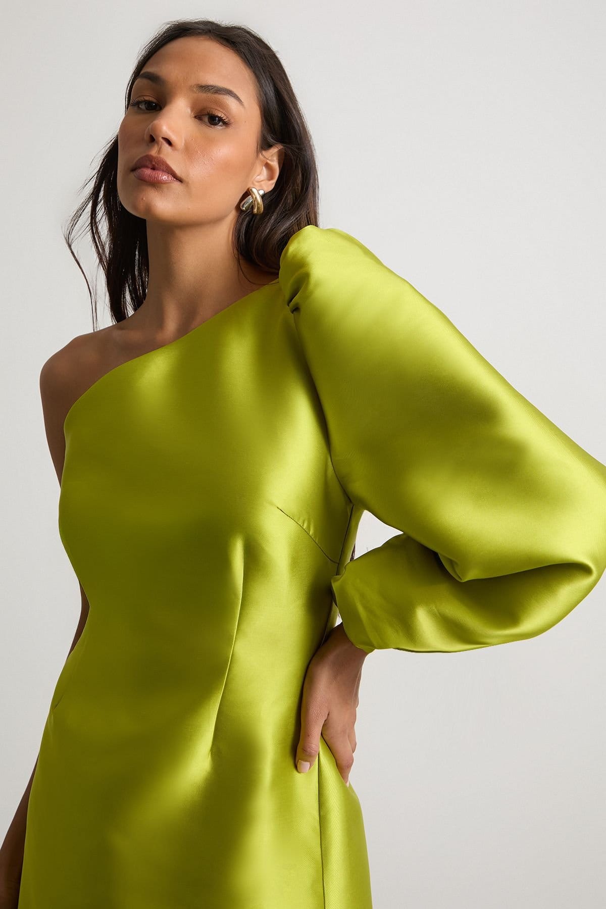 Warehouse Warehouse Women's One Shoulder Puff Sleeve Mini Dress in Chartreuse - 4