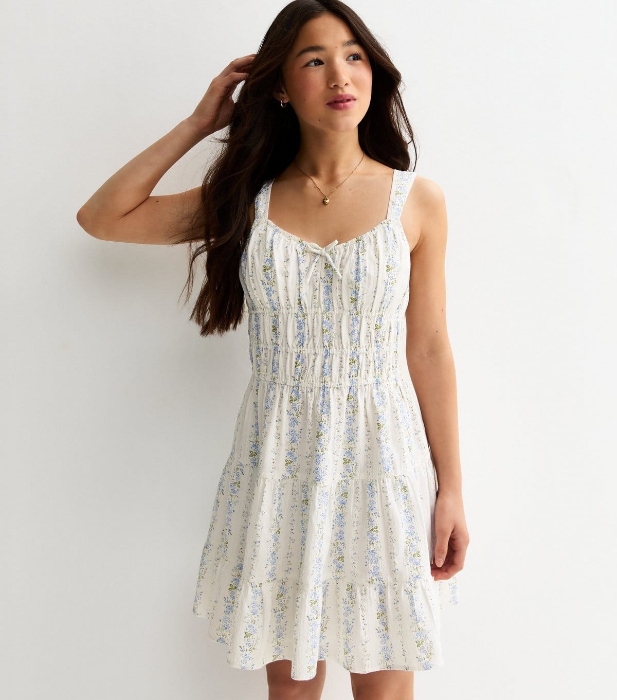 New Look White and Blue Floral Ruched Mini Dress