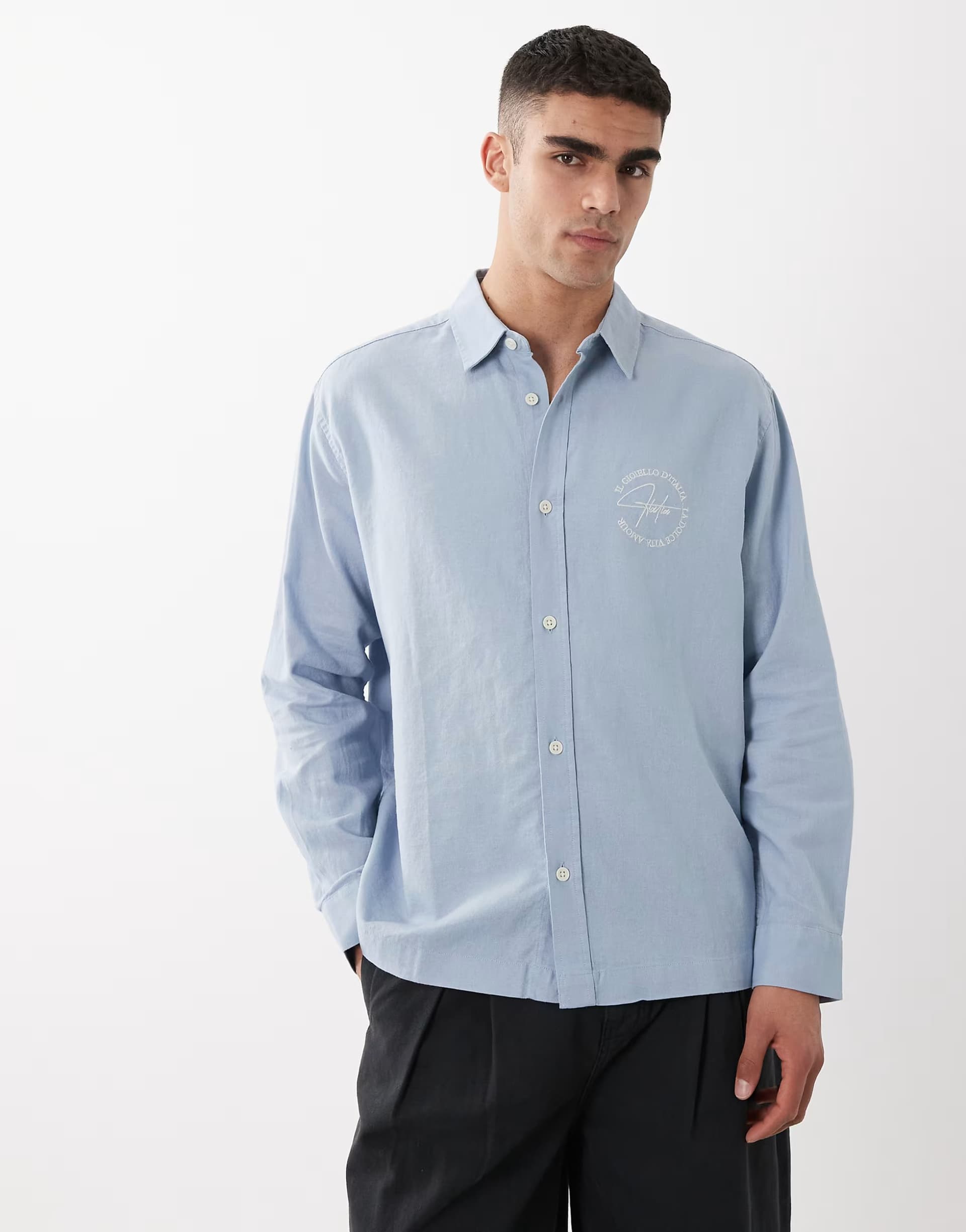ASOS ASOS DESIGN relaxed linen blend shirt with chest embroidery in blue