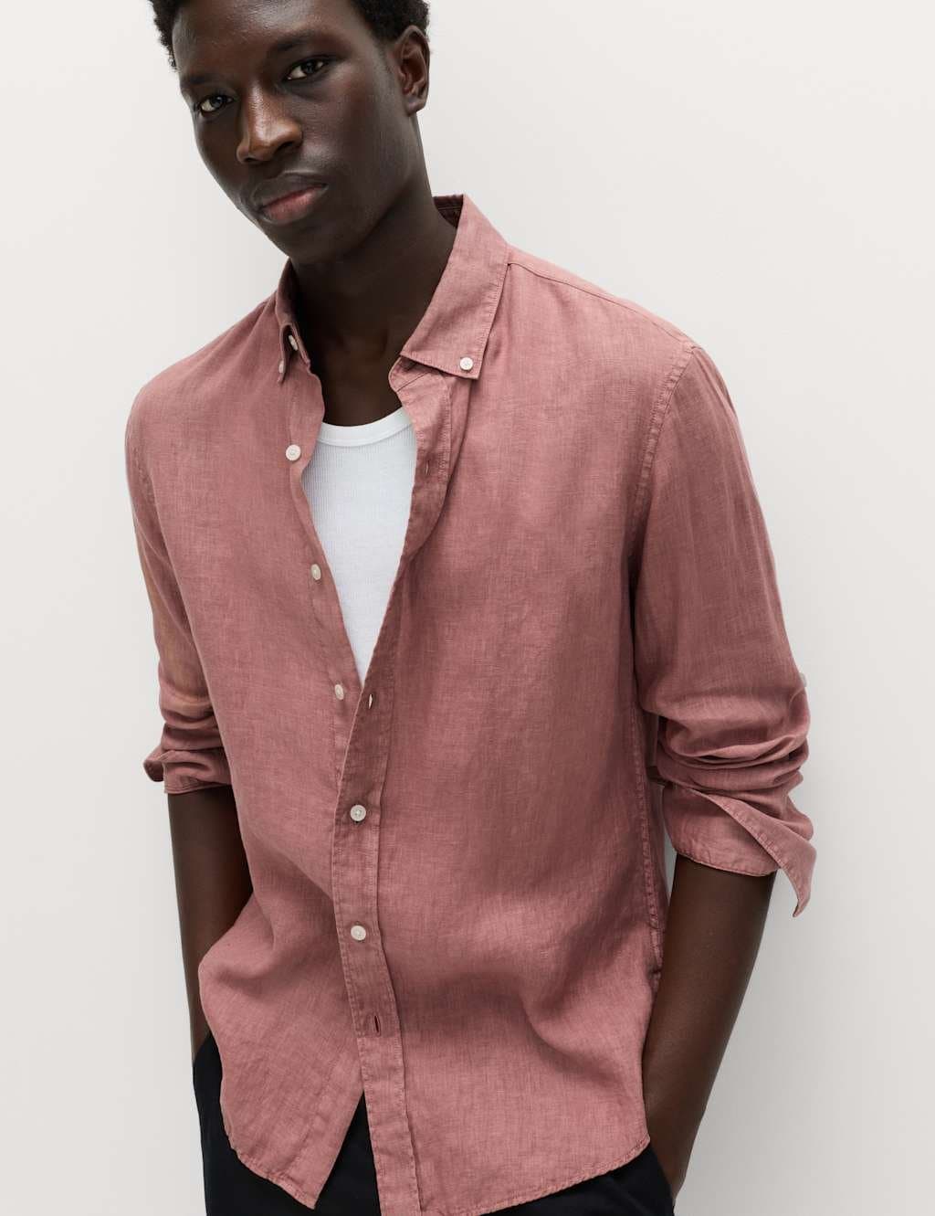 Marks & Spencer M&S Slim Fit Garment Dye Pure Linen Shirt Pink