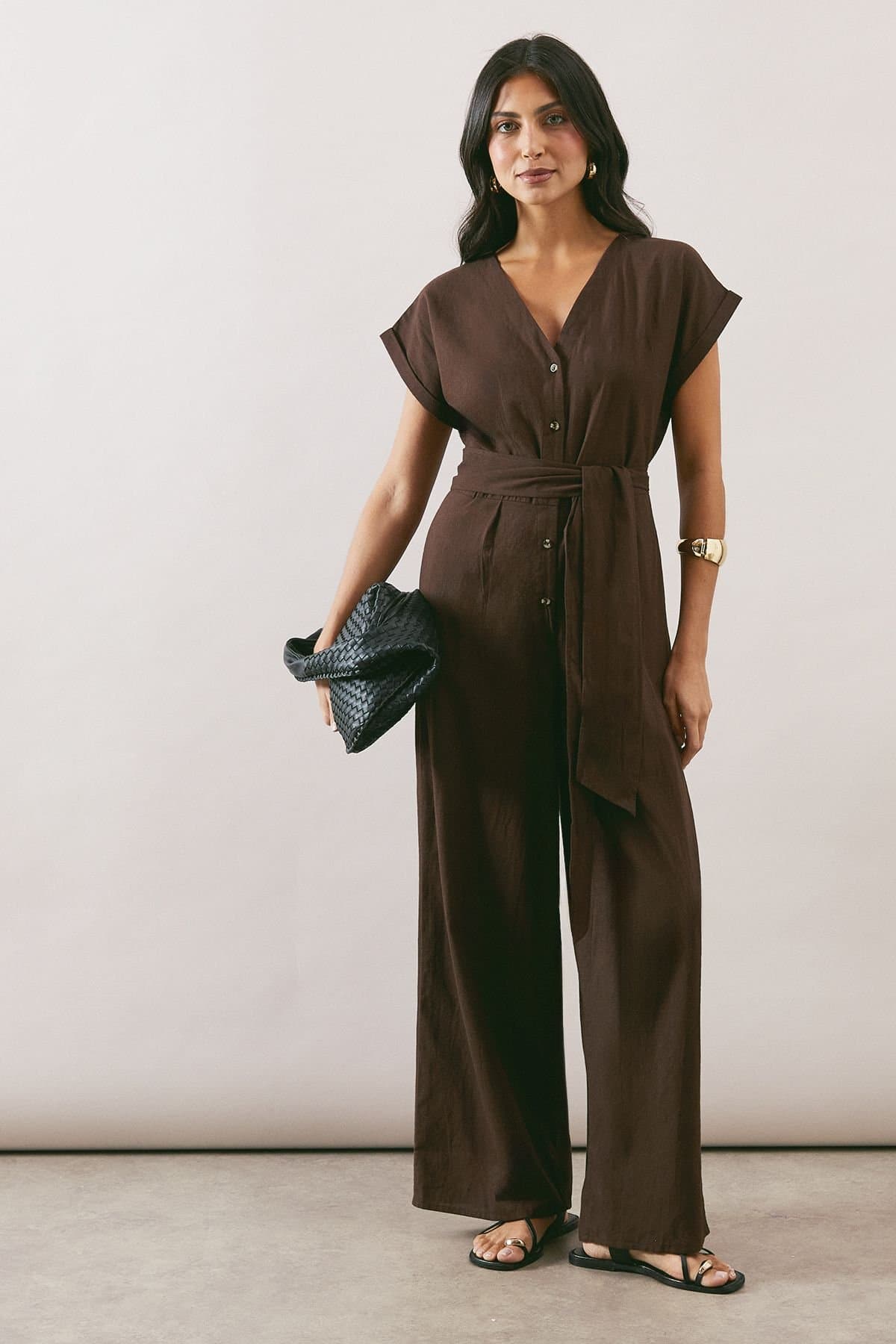 Wallis Wallis Women's Summer Cotton Button Jumpsuit in Chocolate