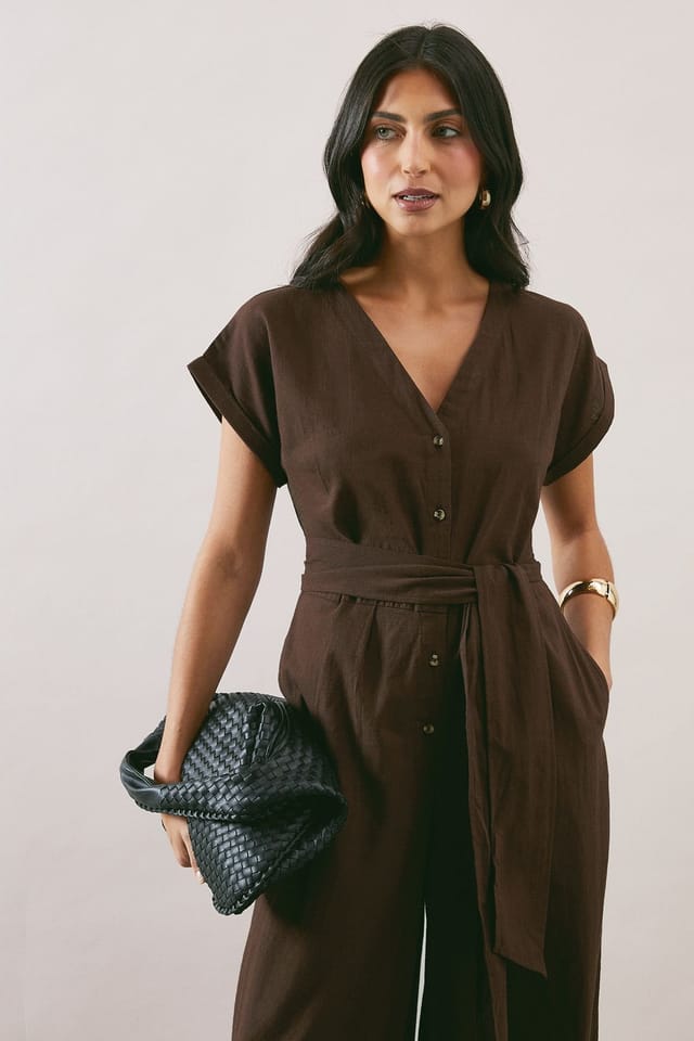 Wallis Wallis Women's Summer Cotton Button Jumpsuit in Chocolate - 2