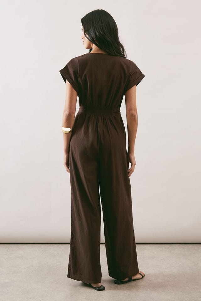 Wallis Wallis Women's Summer Cotton Button Jumpsuit in Chocolate - 3