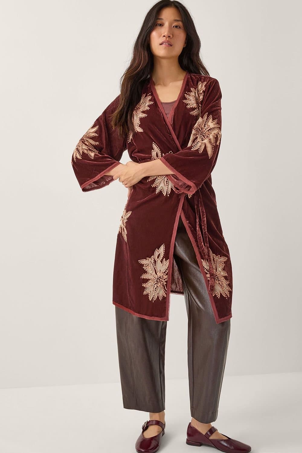 Monsoon Monsoon Wine Velvet Embroidered Kimono