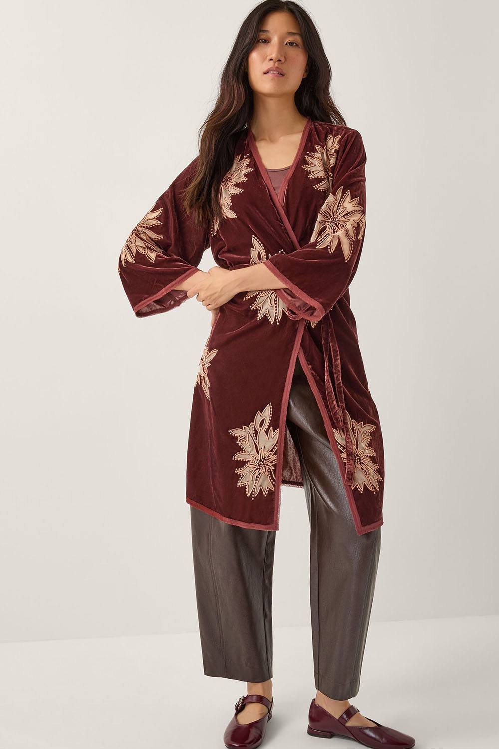 Monsoon Monsoon Women's Jaz Embroidered Velvet Kimono Copper in Wine - 2