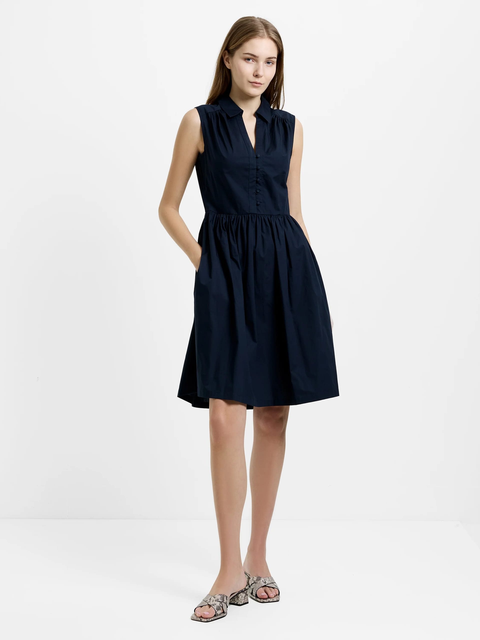 French Connection Navy Blue Poplin Sleeveless Smock Dress