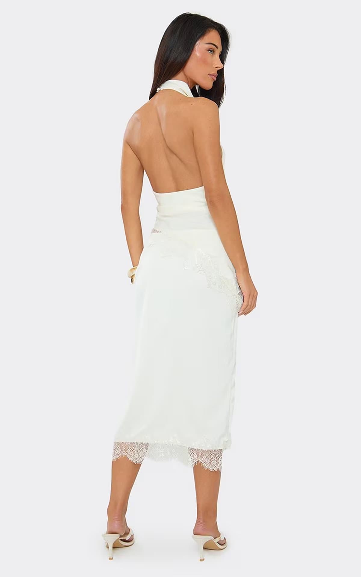 EGO Lace Trim Midi Skirt In Cream Satin, Women's Size UK 6