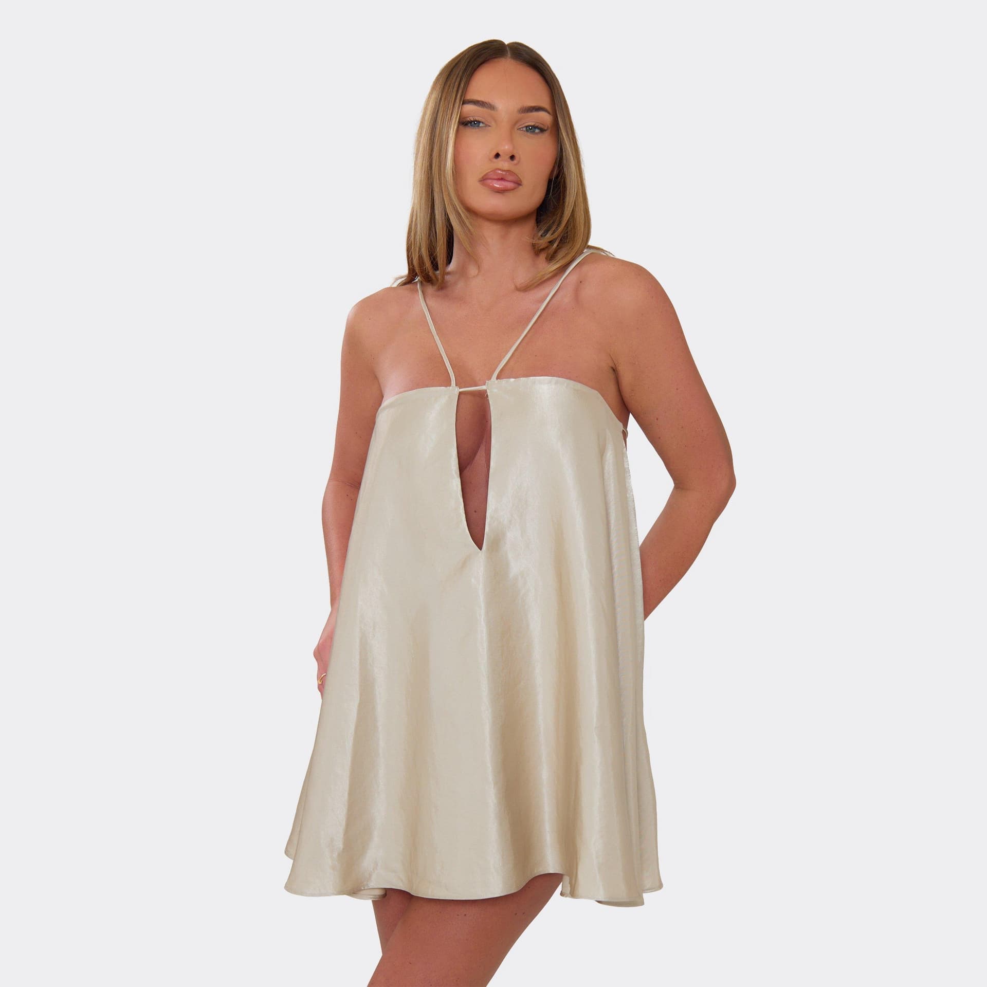 EGO Strappy Key Hole Cut Out Floaty Mini Dress In Ivory Satin, Women's Size UK 6