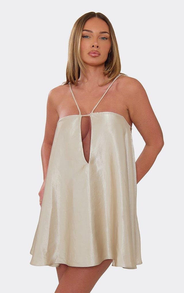 EGO Strappy Key Hole Cut Out Floaty Mini Dress In Ivory Satin, Women's Size UK 6 - 2