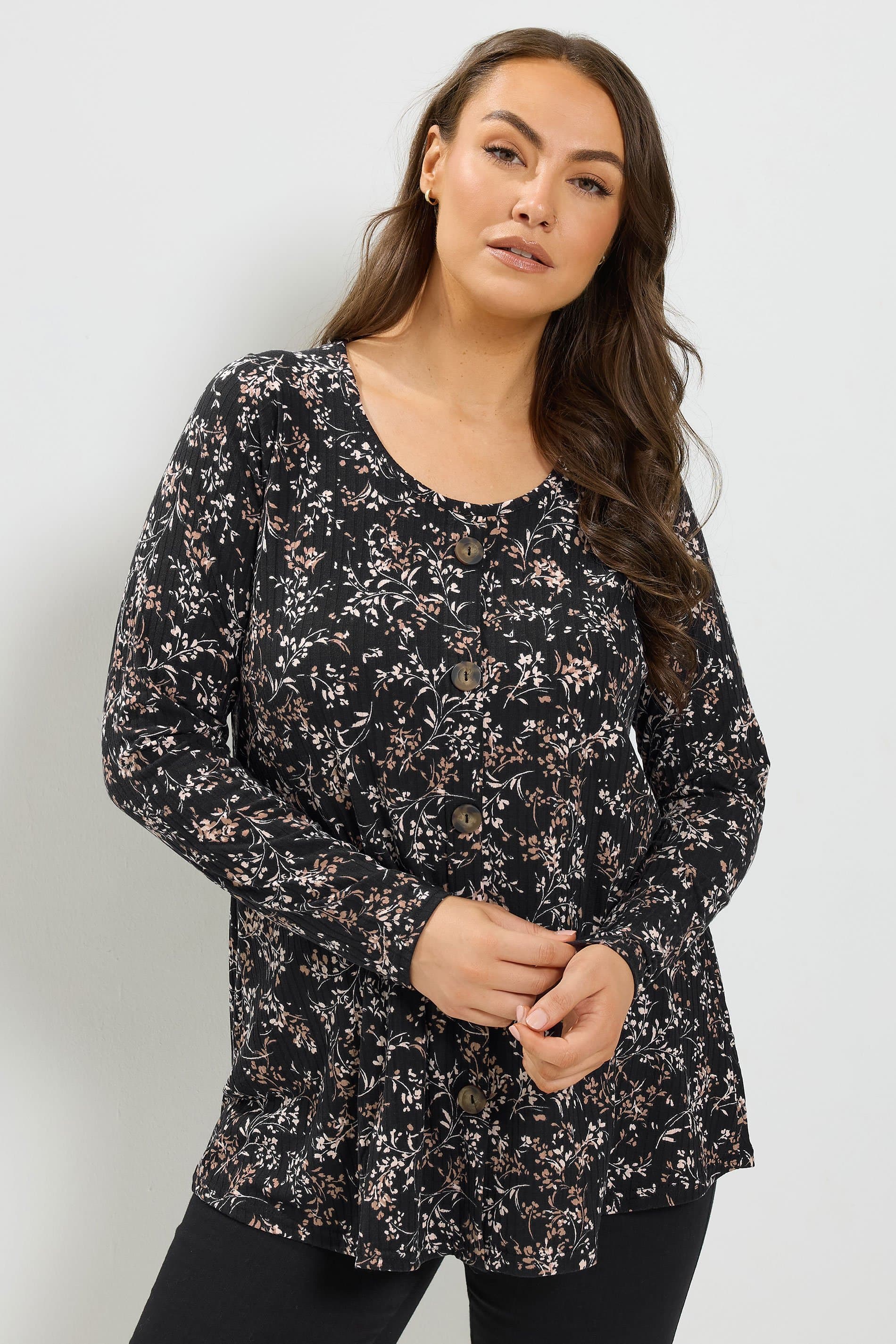 Yours Plus Size Black Floral Print Ribbed Button Top