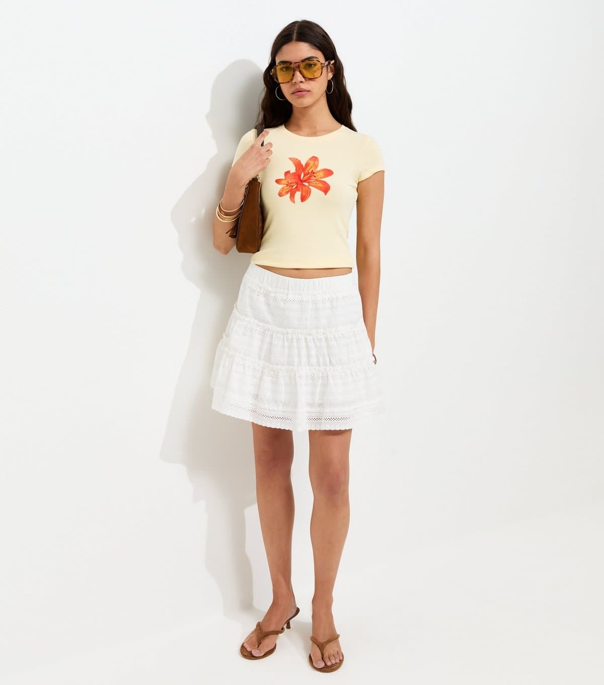 New Look Women's White Cotton Broderie Anglaise Tiered Mini Skirt New Look