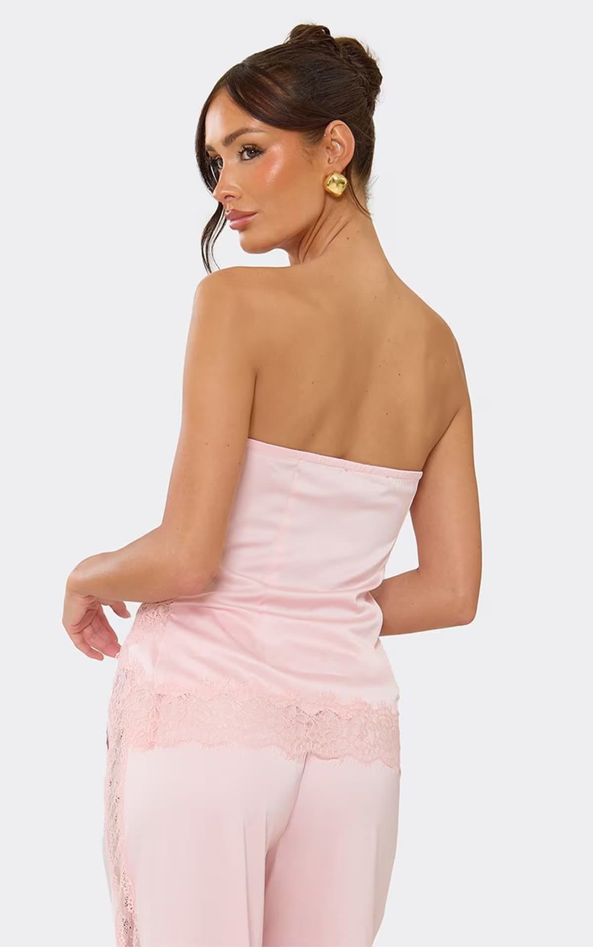 EGO Bandeau Lace Trim Detail Top In Pink Satin, Women's Size UK 6