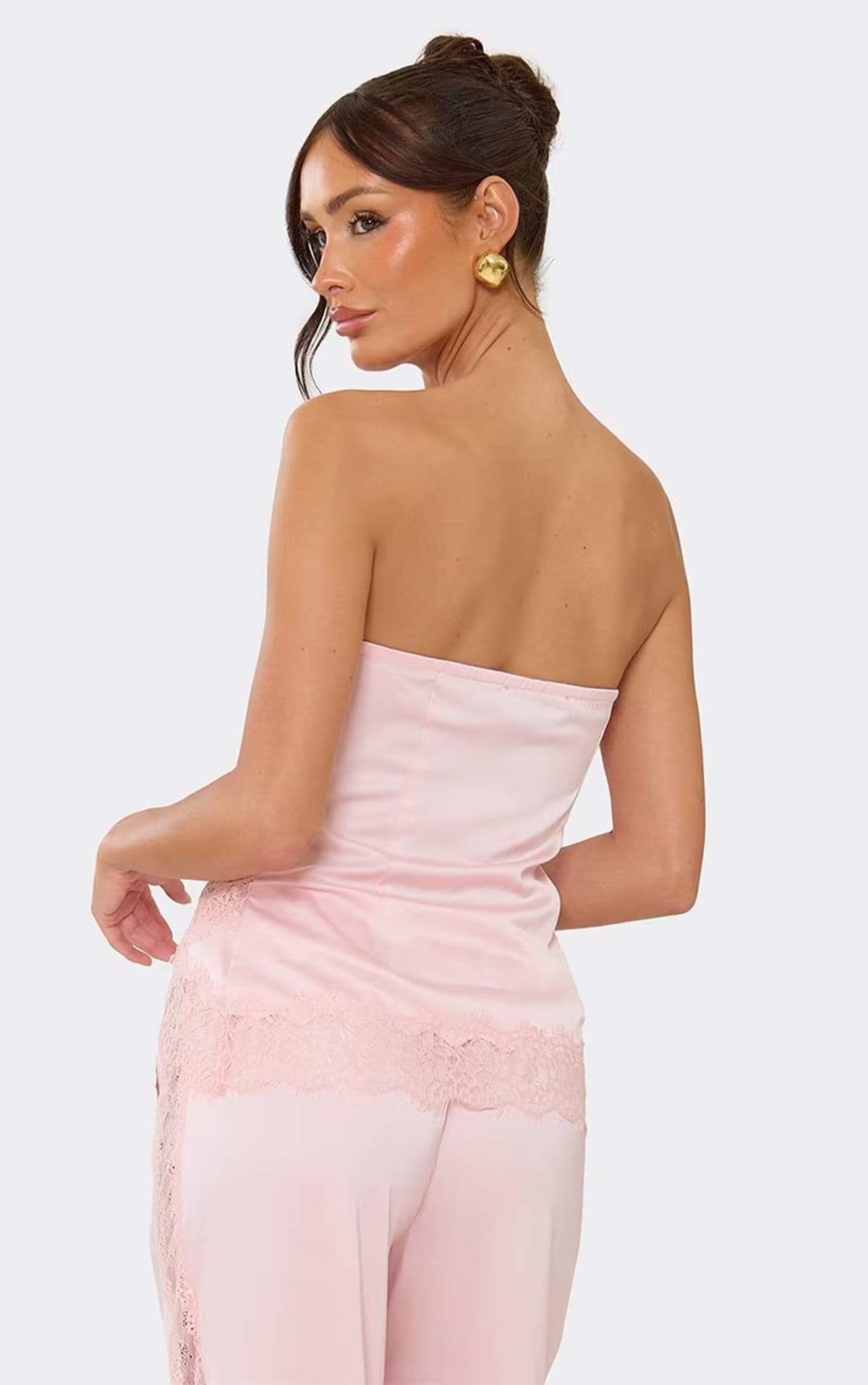 EGO Bandeau Lace Trim Detail Top In Pink Satin, Women's Size UK 6 - 1