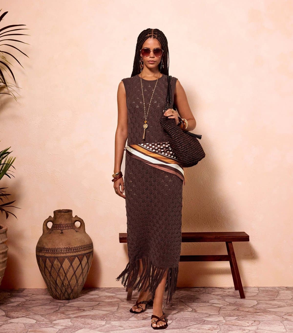 New Look Women's Dark Brown Crochet Fringe Hem Maxi Dress New Look