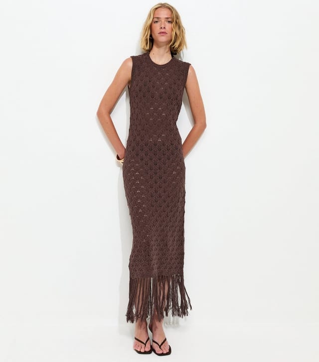 New Look Women's Dark Brown Crochet Fringe Hem Maxi Dress New Look - 2