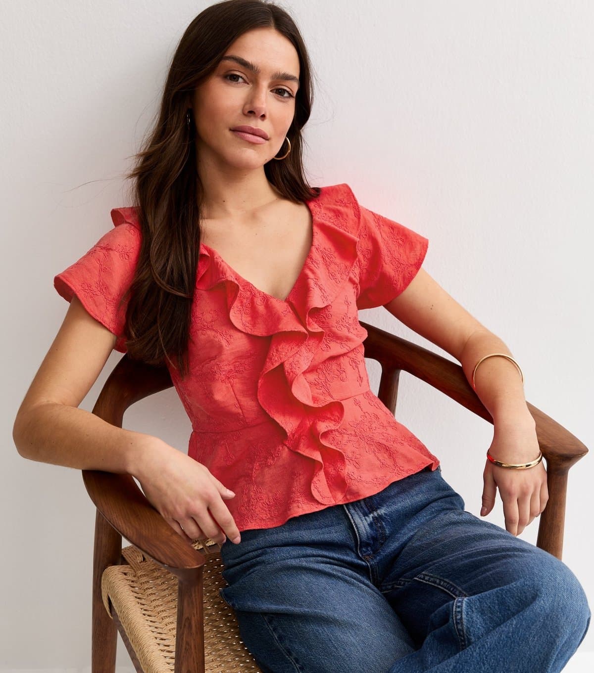 New Look Women's Petite Coral Frill Embroidered Tea Top New Look