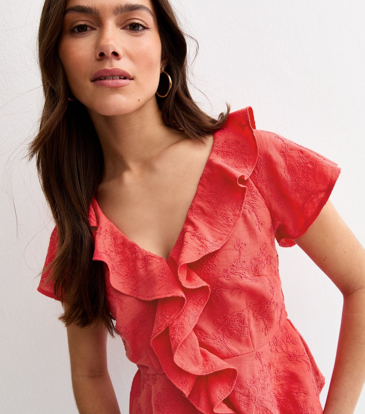 New Look Women's Petite Coral Frill Embroidered Tea Top New Look - 2