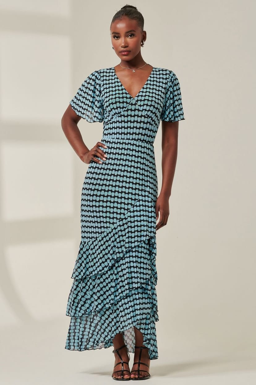 Jolie Moi Jolie Moi Women's Geo Print Tiered Maxi Dress in Blue - 1