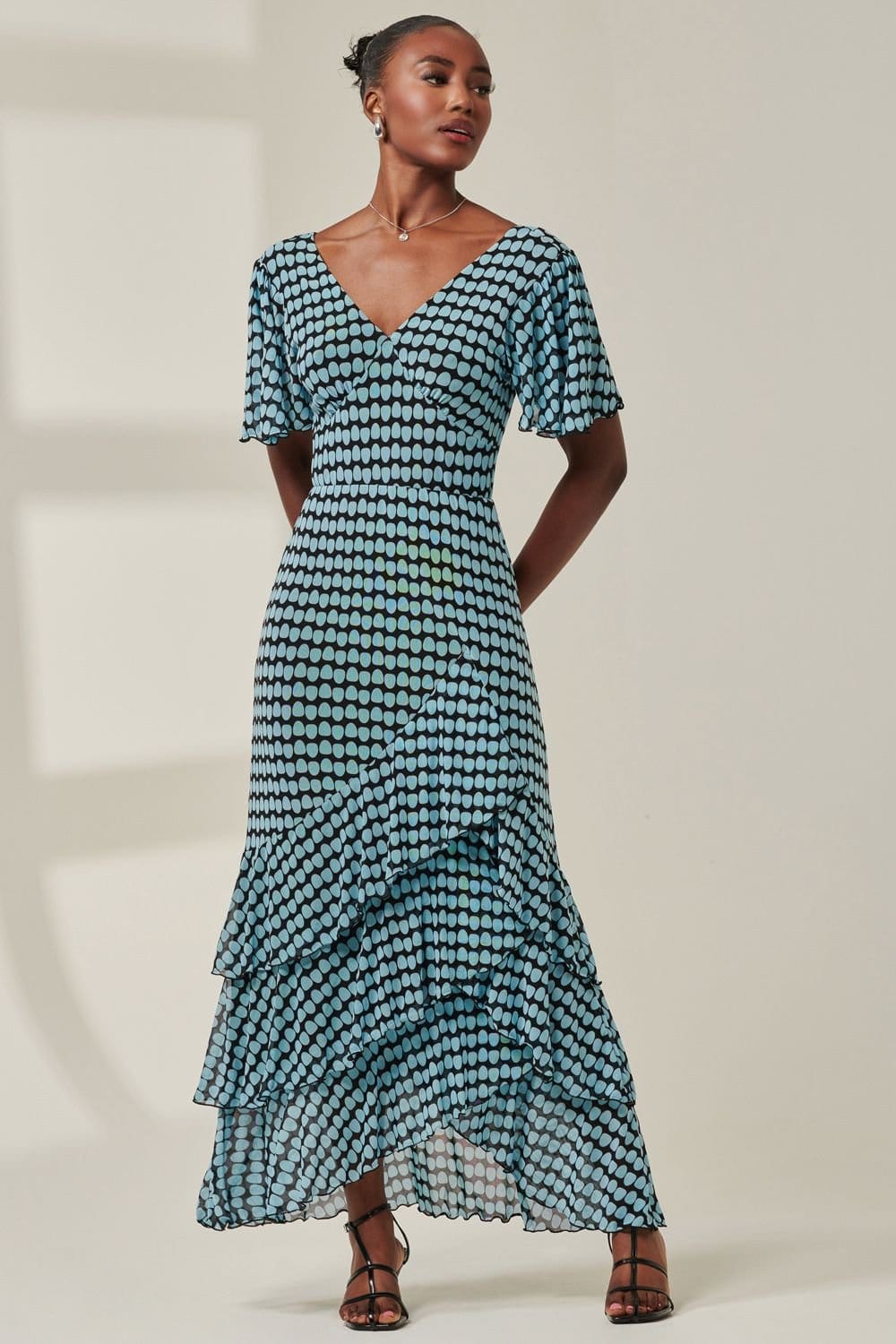 Jolie Moi Jolie Moi Women's Geo Print Tiered Maxi Dress in Blue - 4