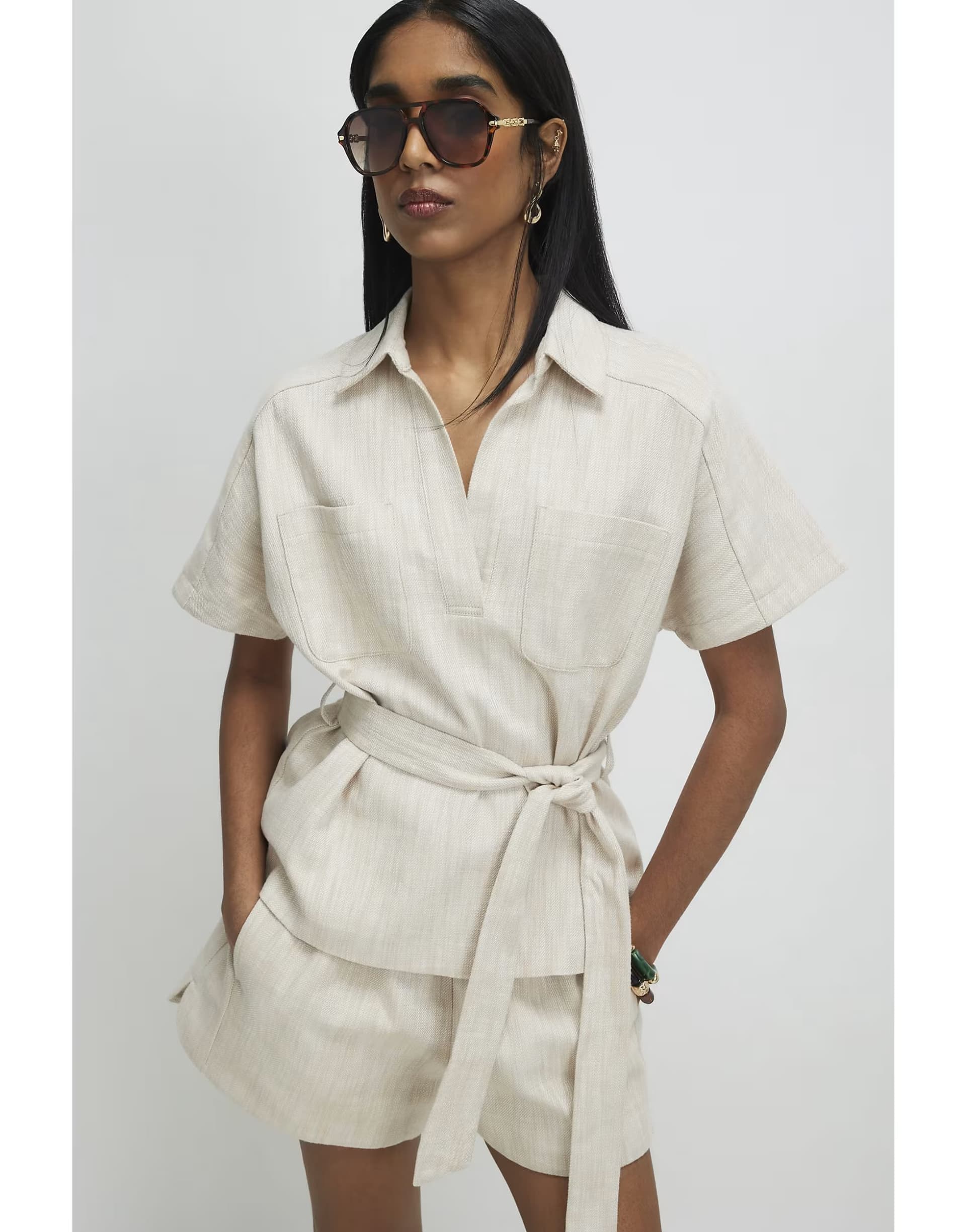ASOS River Island Cream linen look collared belted top in stone