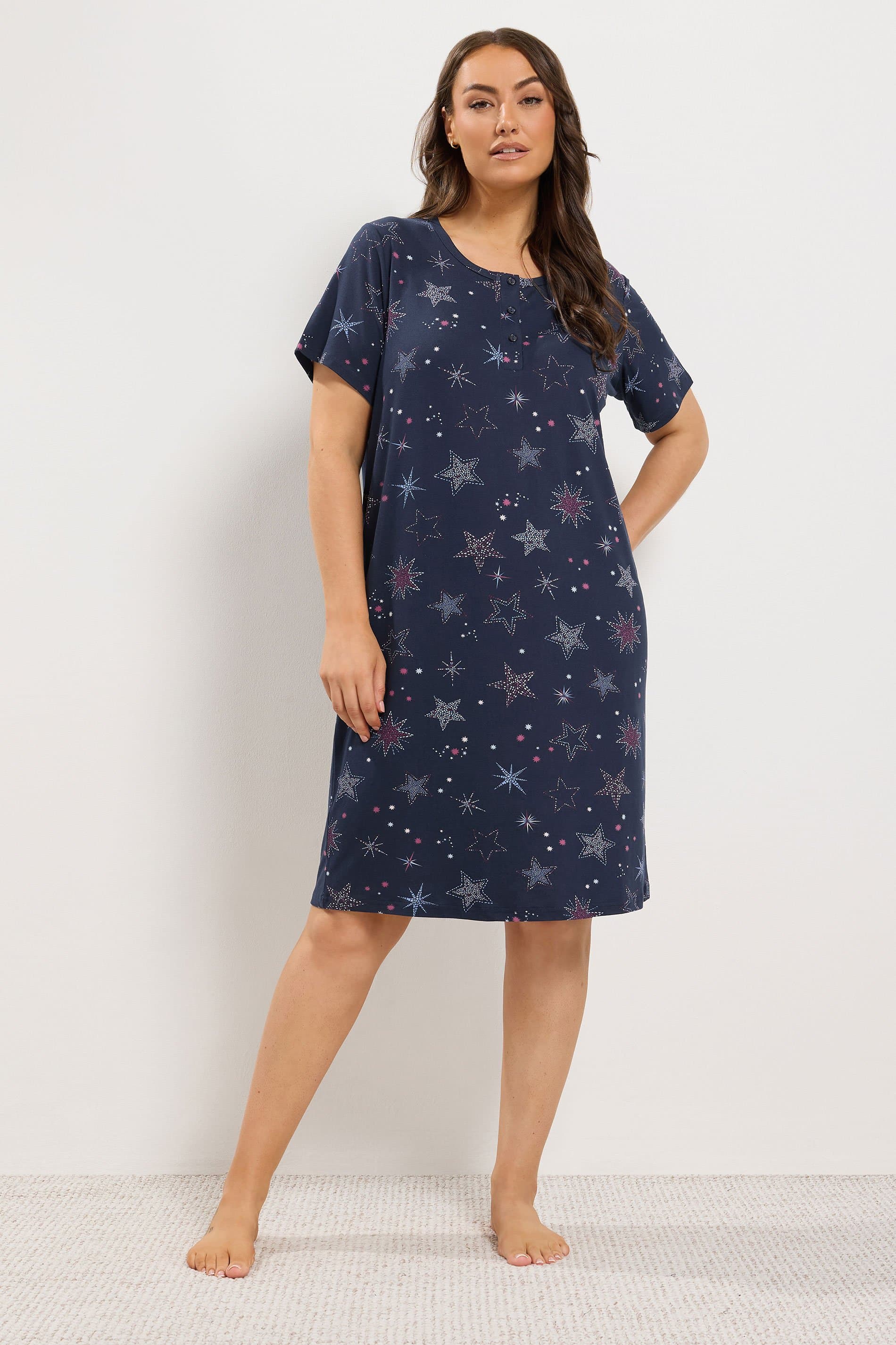 Yours Plus Size Navy Blue Star Mosaic Placket Nightdress