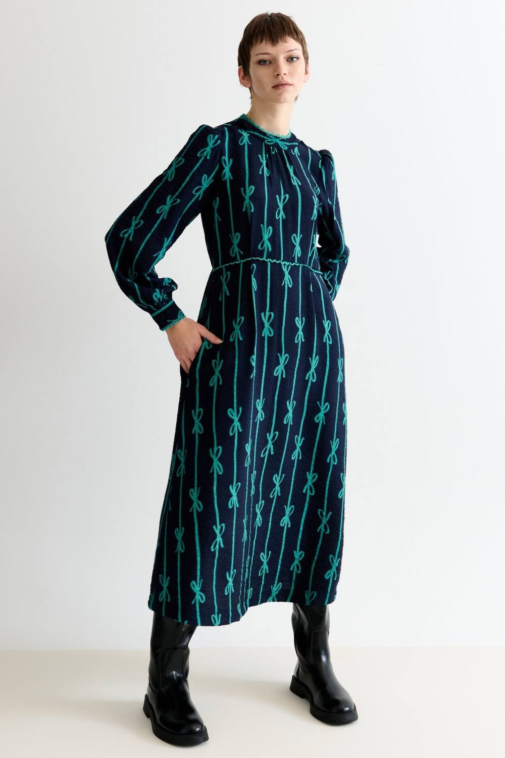 Louche Louche Women's Avon Tie Up High Neck Long Sleeve Midi Dress - Navy - 2