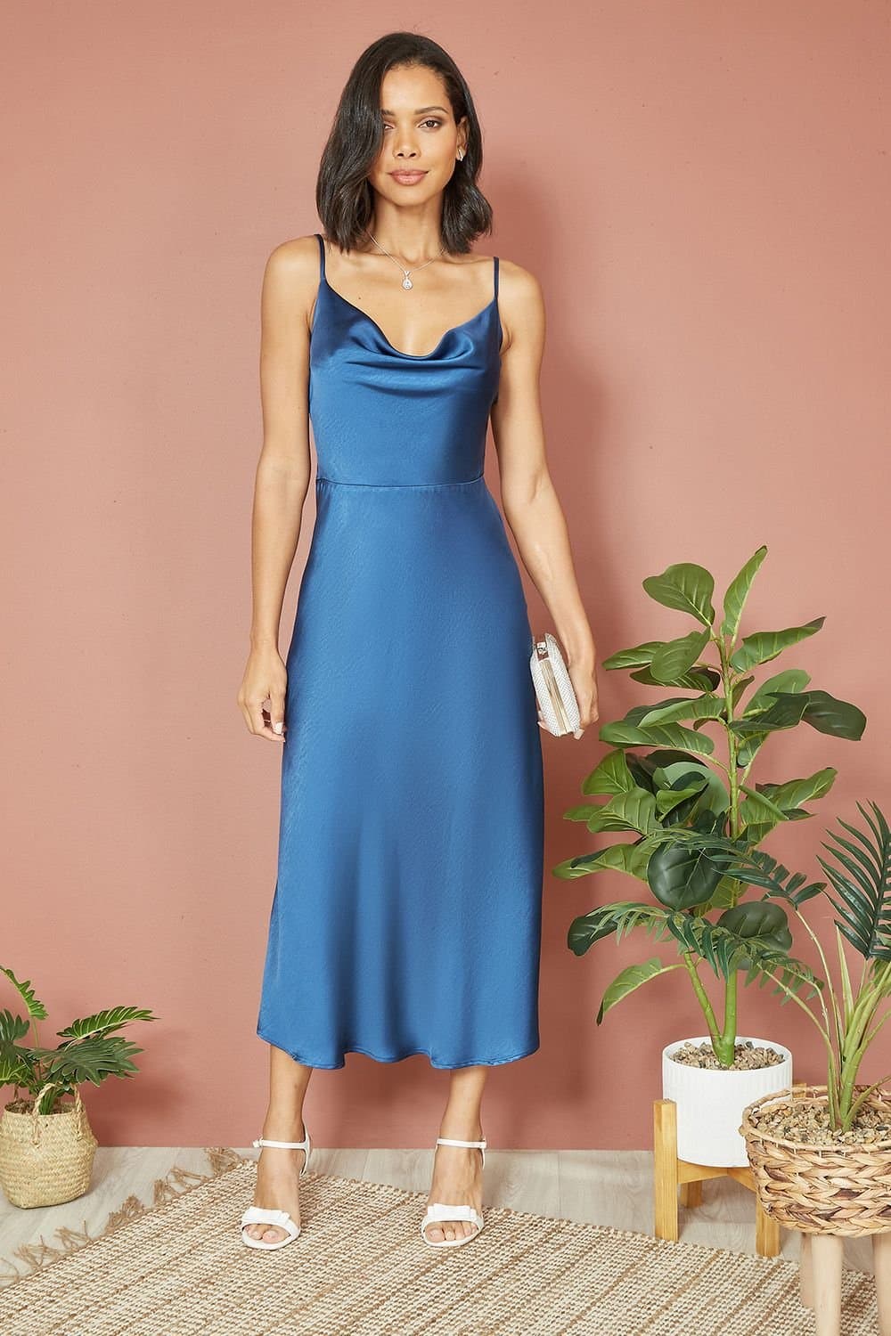 Yumi Yumi Women's Navy Satin Cowl Neck Midi Dress