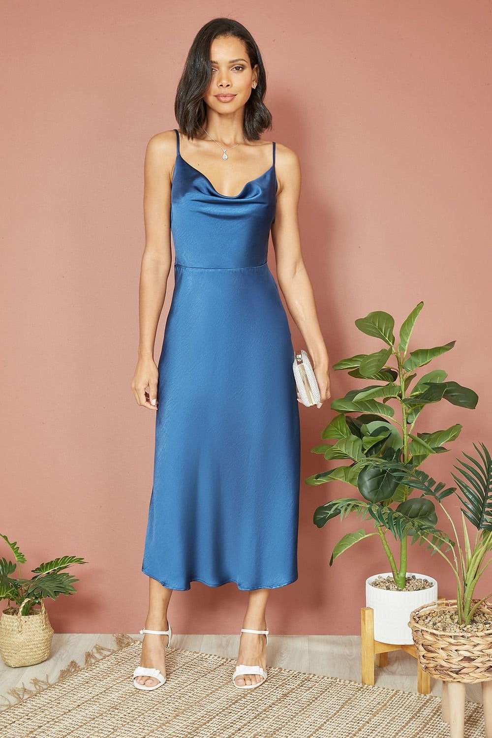 Yumi Navy Satin Cowl Neck Midi Dress