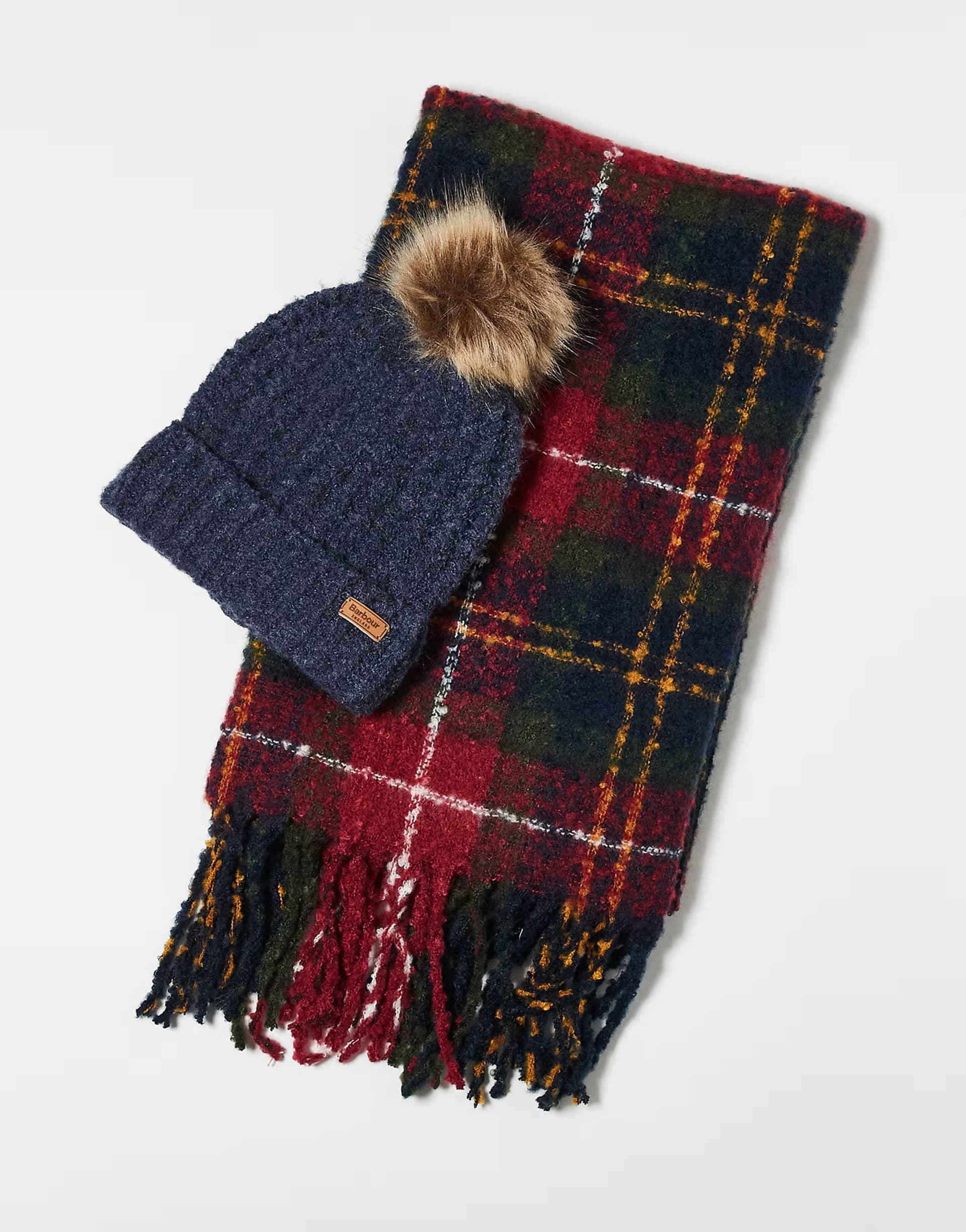ASOS Barbour Saltburn beanie & tartan scarf gift set in winterberry tartan 