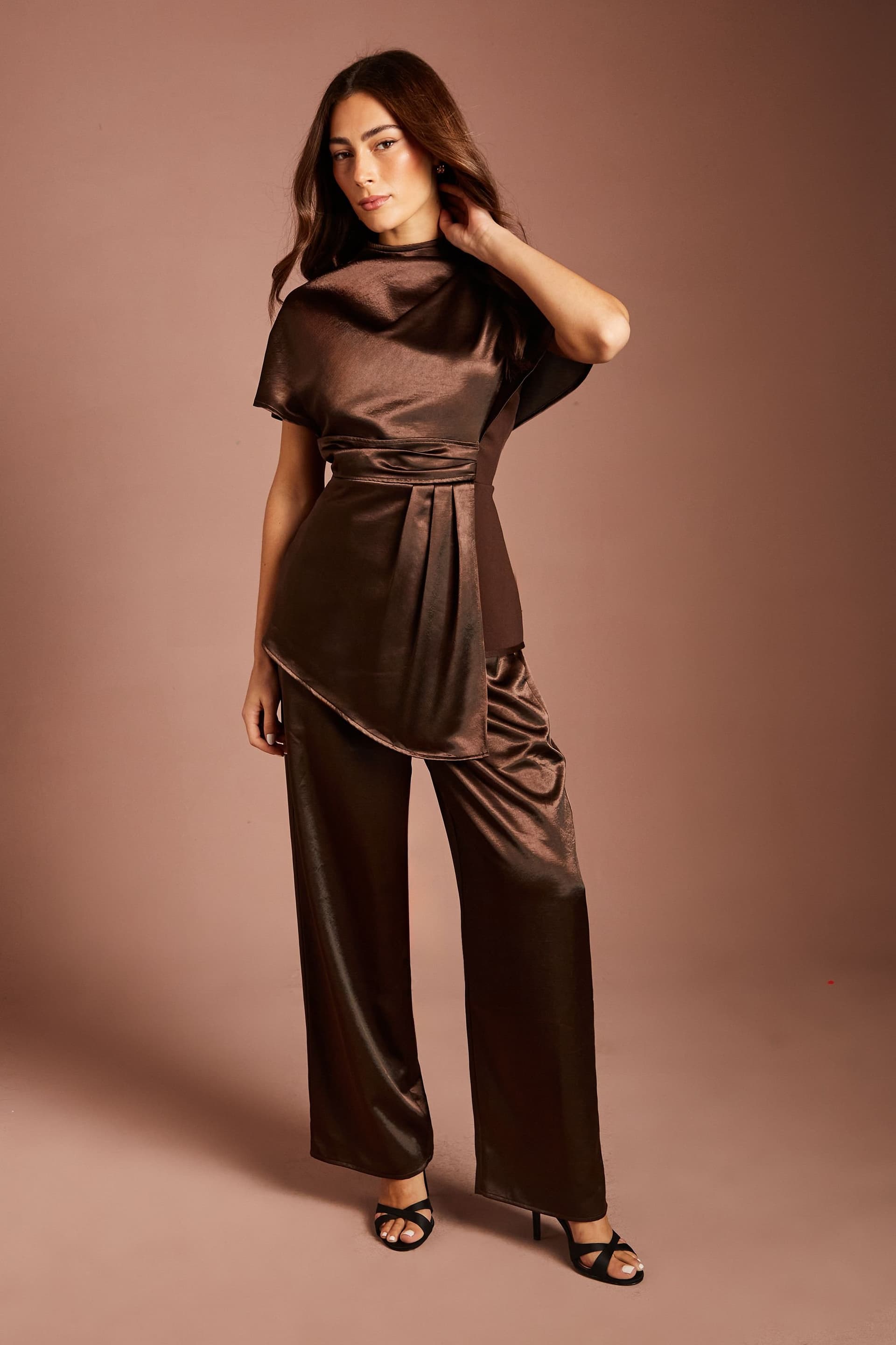 Coast Coast Women's Satin Wide Leg Trouser in Chocolate