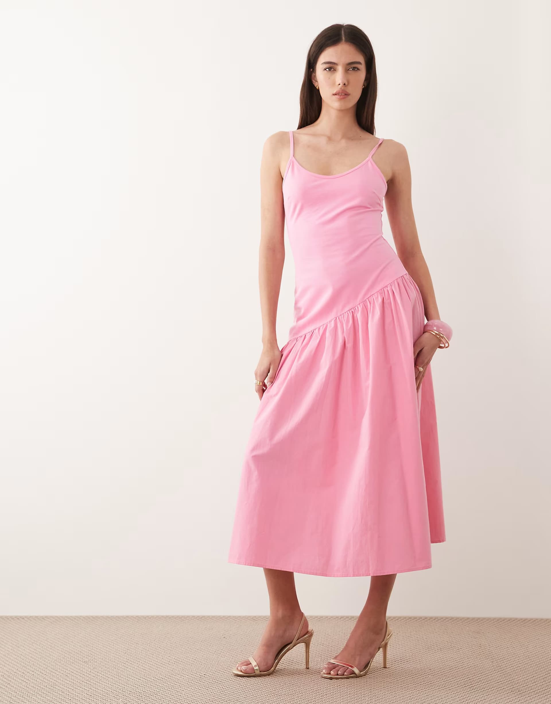ASOS Never Fully Dressed cami asymmetric seam midi dress in pink
