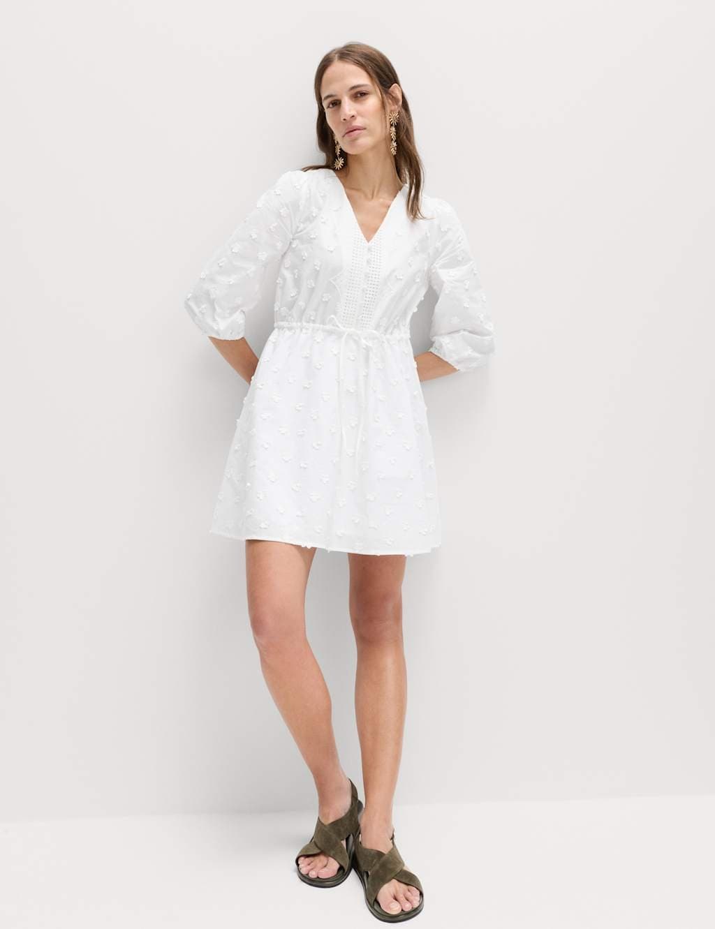 Marks & Spencer M&S Pure Cotton Embroidered V-Neck Mini Waisted Dress White
