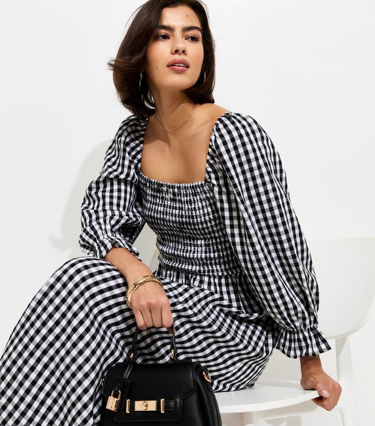 New Look Women's Black Gingham Shirred Cropped Puff Sleeve Midi Dress New Look