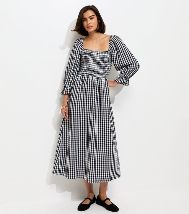 New Look Women's Black Gingham Shirred Cropped Puff Sleeve Midi Dress New Look - 2