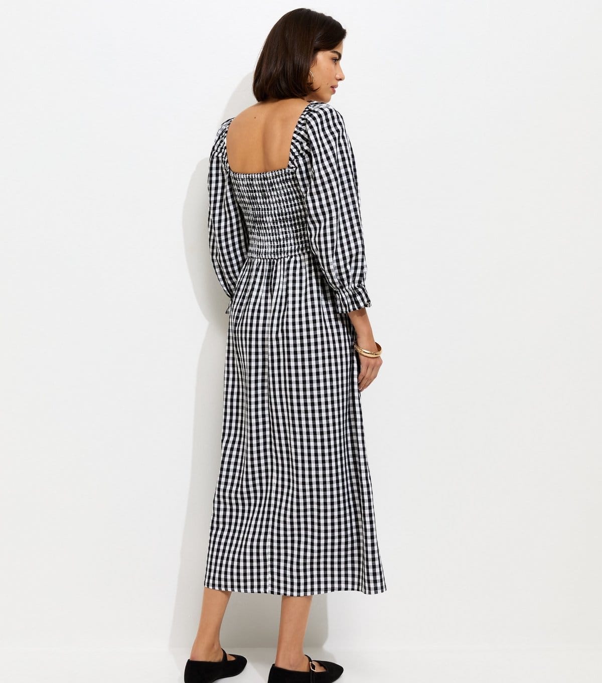 New Look Women's Black Gingham Shirred Cropped Puff Sleeve Midi Dress New Look - 4