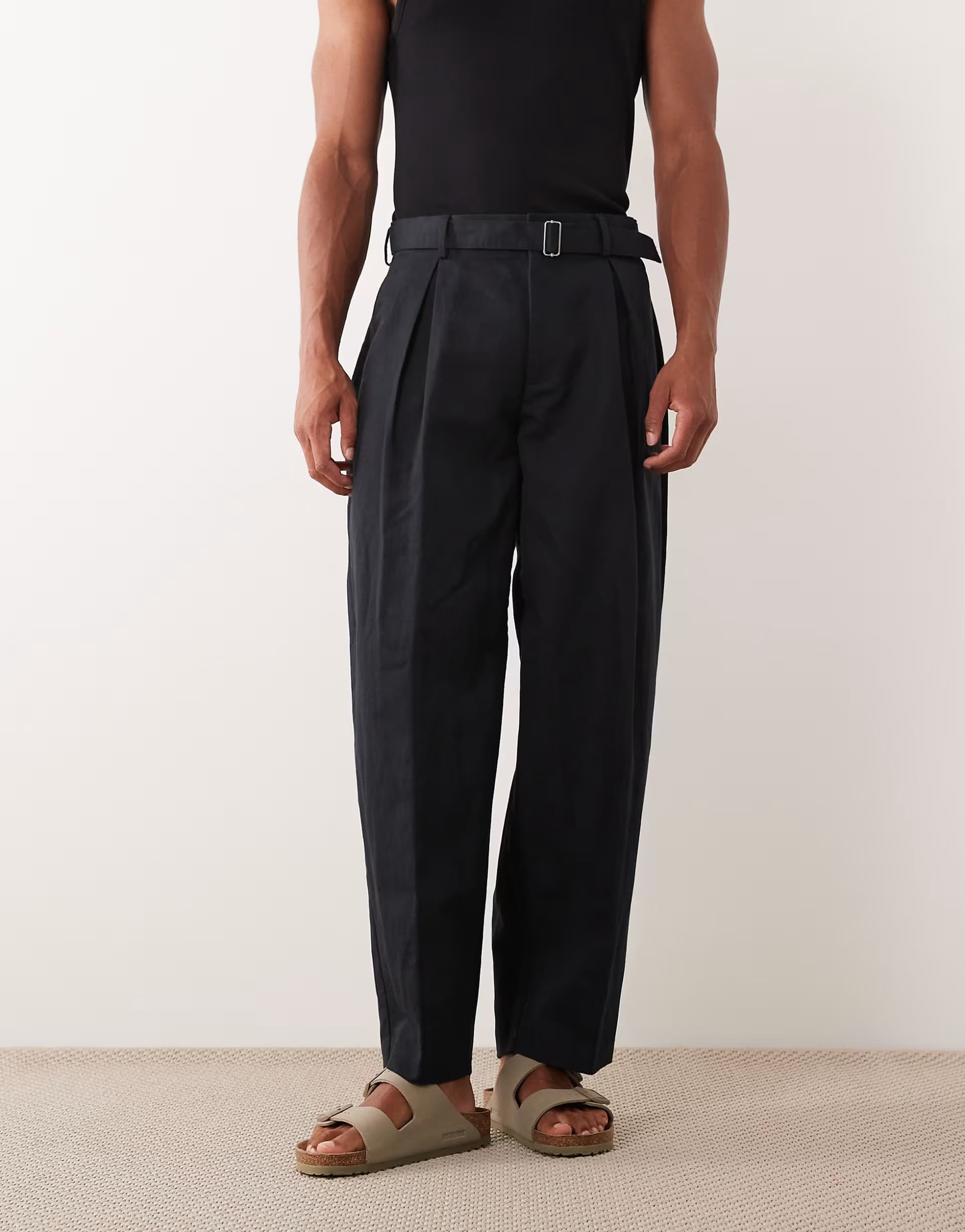 ASOS ASOS DESIGN linen rich smart belted wide barrel leg trousers in black