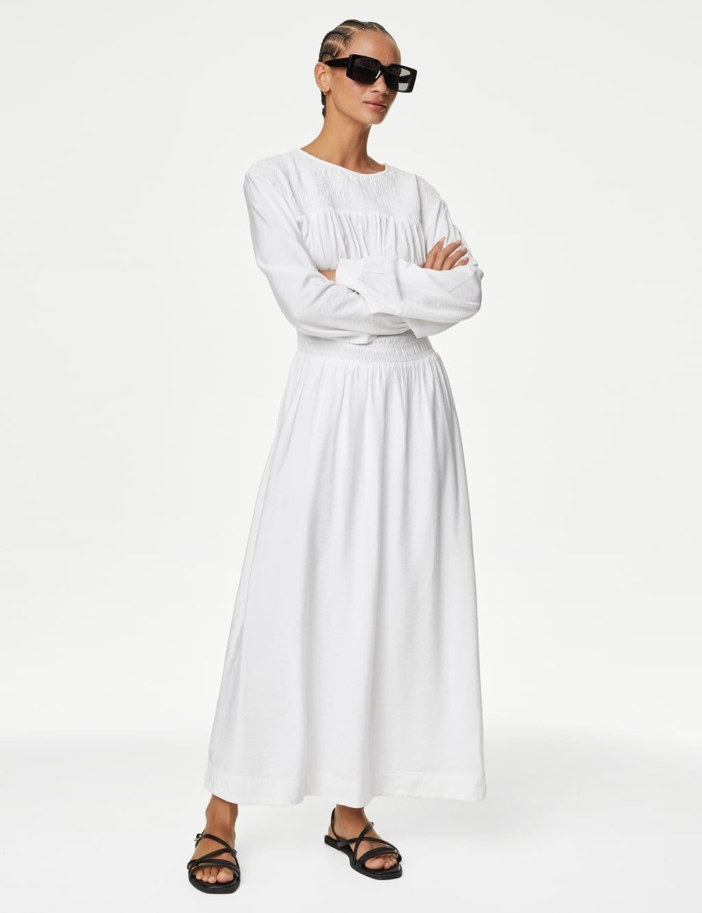 M&S White Cotton Ruched Midi Dress