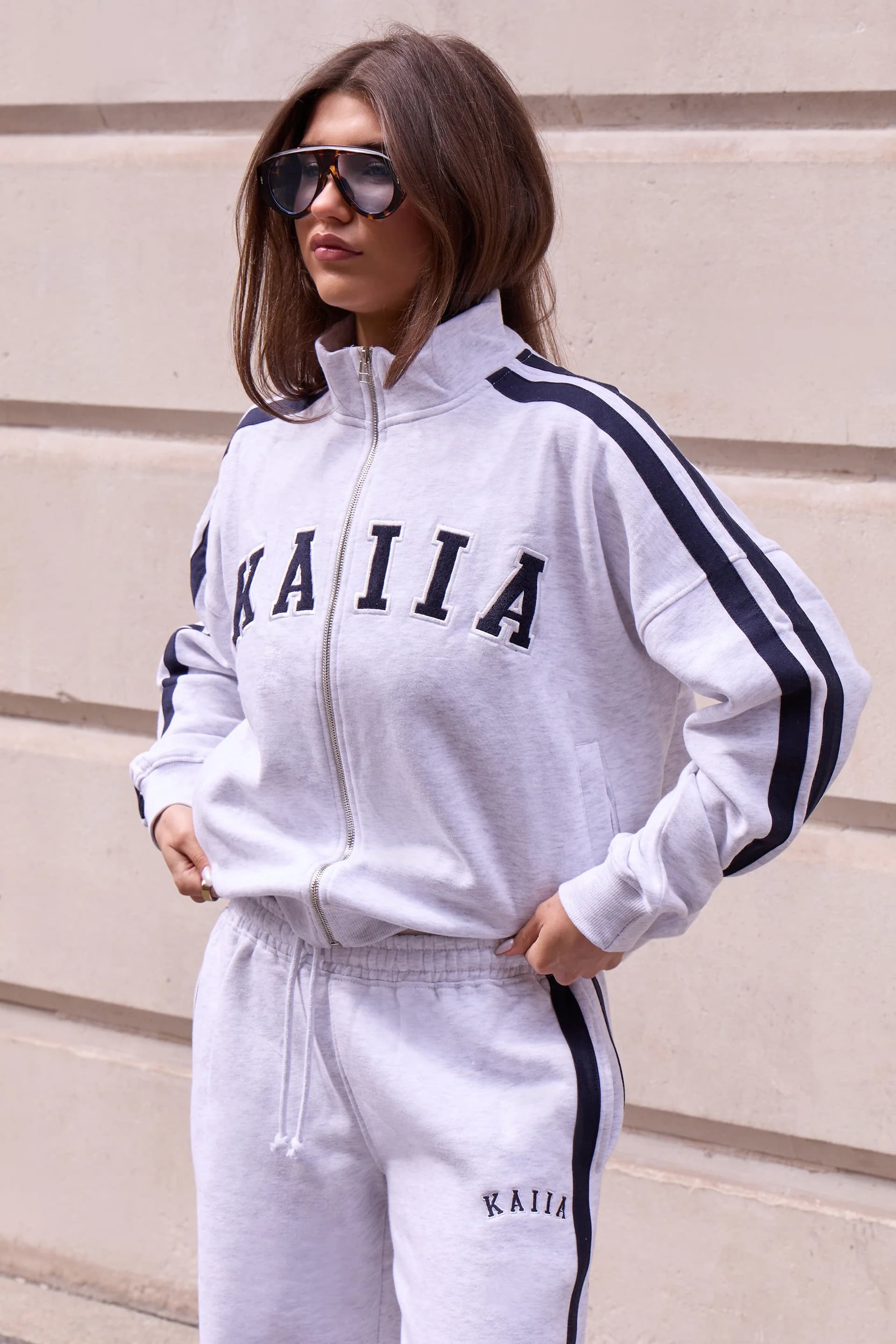 Kaiia Kaiia Sport Side Stripe Funnel Neck Zip Through Sweatshirt Light Grey Marl & Navy