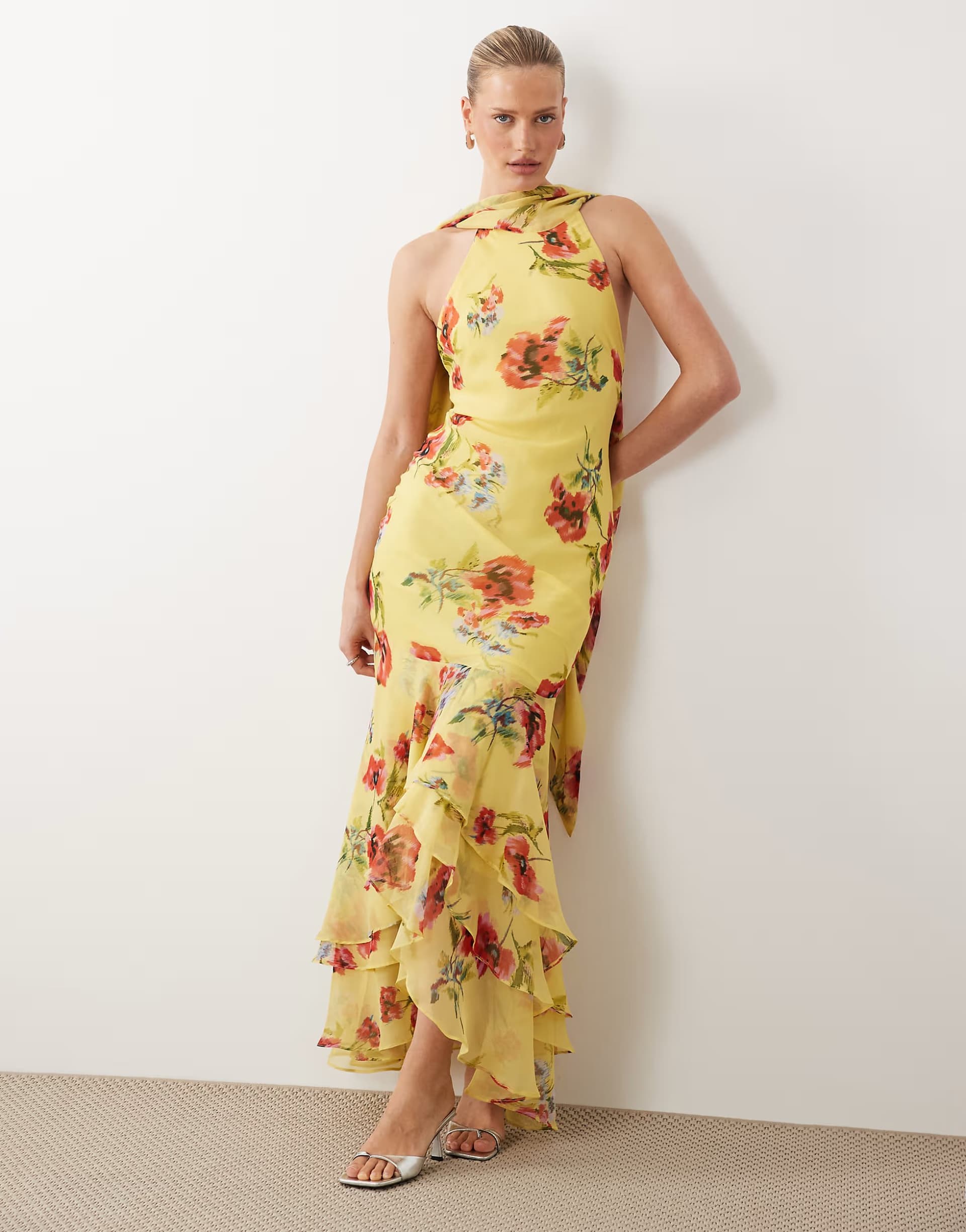ASOS ASOS DESIGN halter maxi dress with scarf detail and ruffle hem in yellow & pink floral