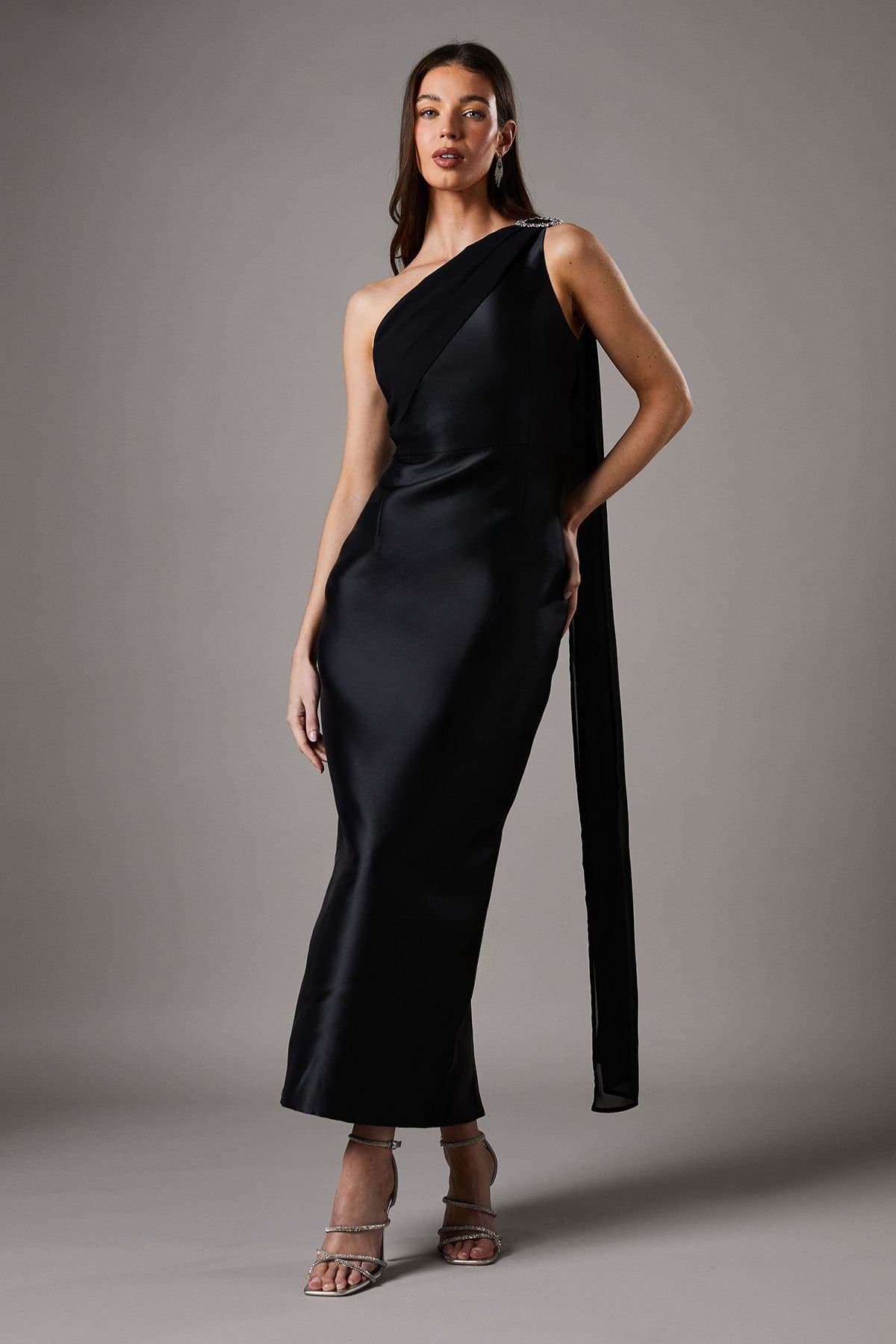 Coast Coast Women's One Shoulder Twill Gown With Diamante Brooch in Black